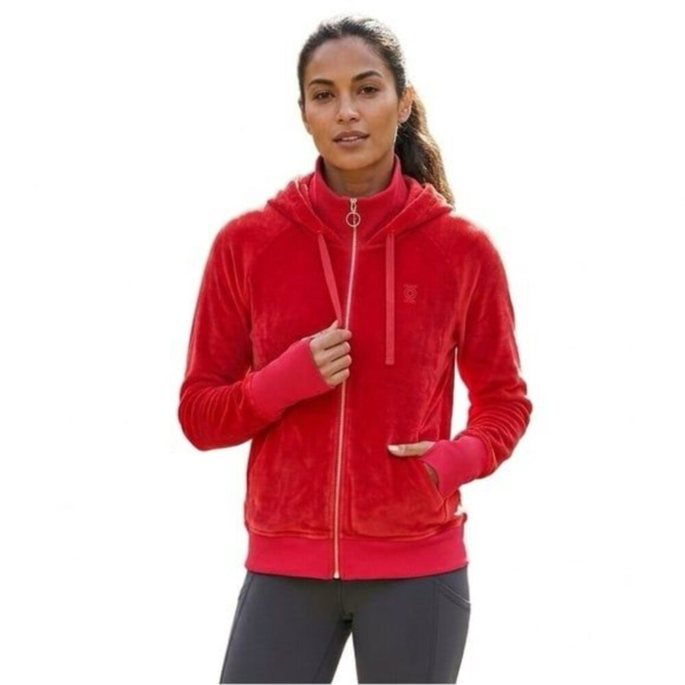 ATHLETA Plush Velour Full Zip Hoodie Vibrant Red M